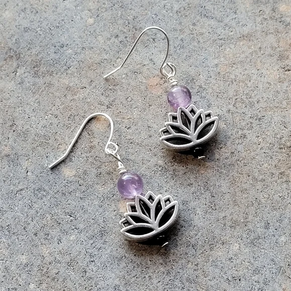 Amythest Lotus Silver Plated Earrings - Picture 2 of 7